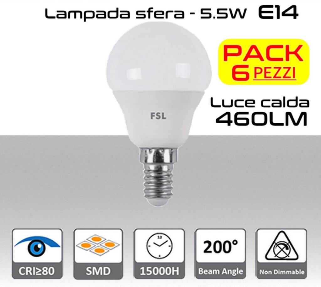 Lampadina LED a sfera 5,5W luce calda E14  460 lumen  PACK 6 PZ.