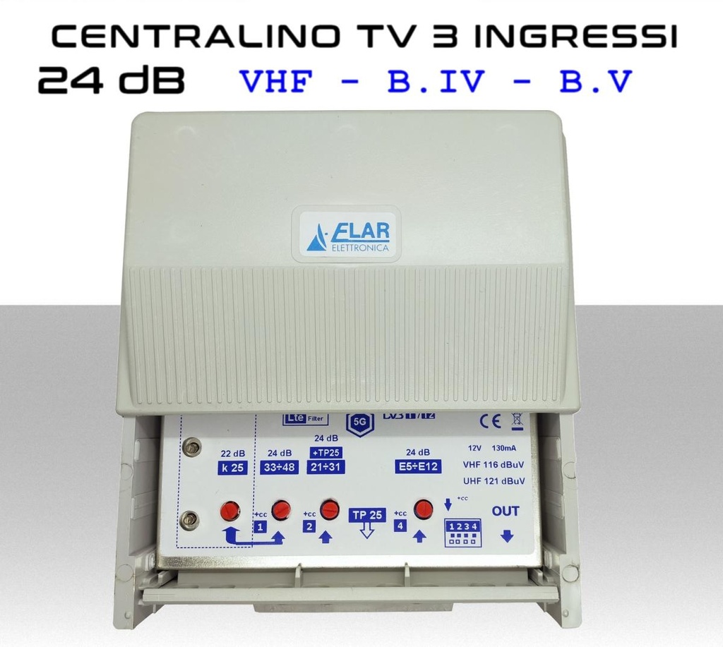 Centralino TV da palo 3 ingressi VHF-B.IV-B.V 24dB Regolabile Elar MD2055K1L