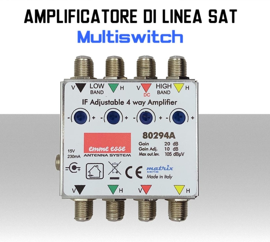 Amplificatore di linea multiswitch in cascata 4 IN 4 out regolabile