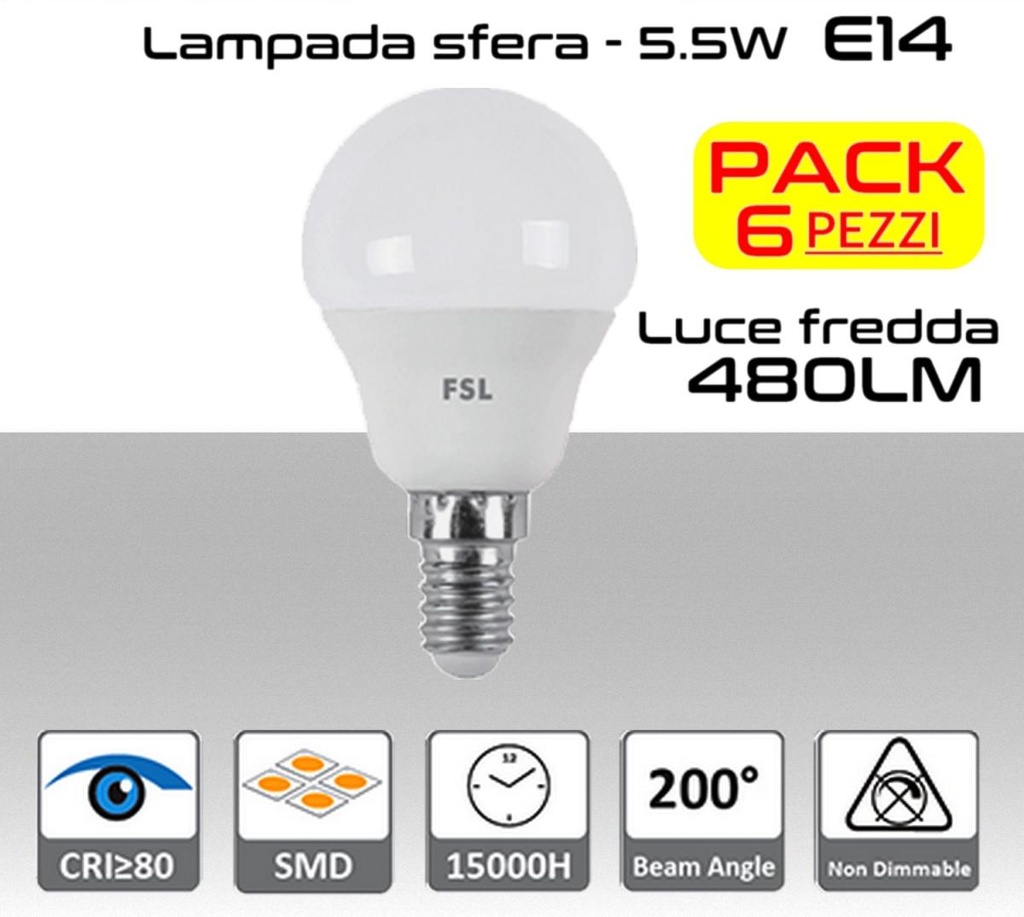Lampadina LED a sfera 5,5W luce fredda E14  480 lumen PACK 6 PZ