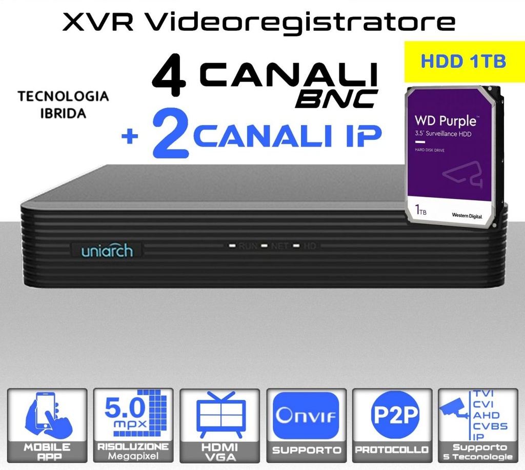 DVR videosorveglianza 4 canali 5 MPX e 2 IP con hard disk 