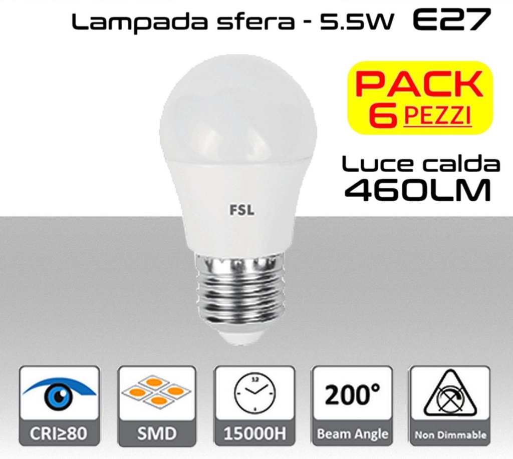 Lampadina LED a sfera 5,5W luce calda E27  460 lumen PACK 6 PZ