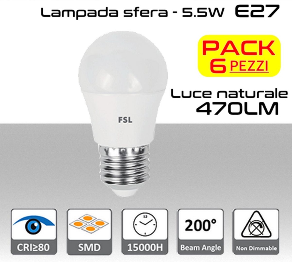 Lampadina LED a sfera 5,5W luce naturale 4000K  E27  470 lumen PACK 6 PZ