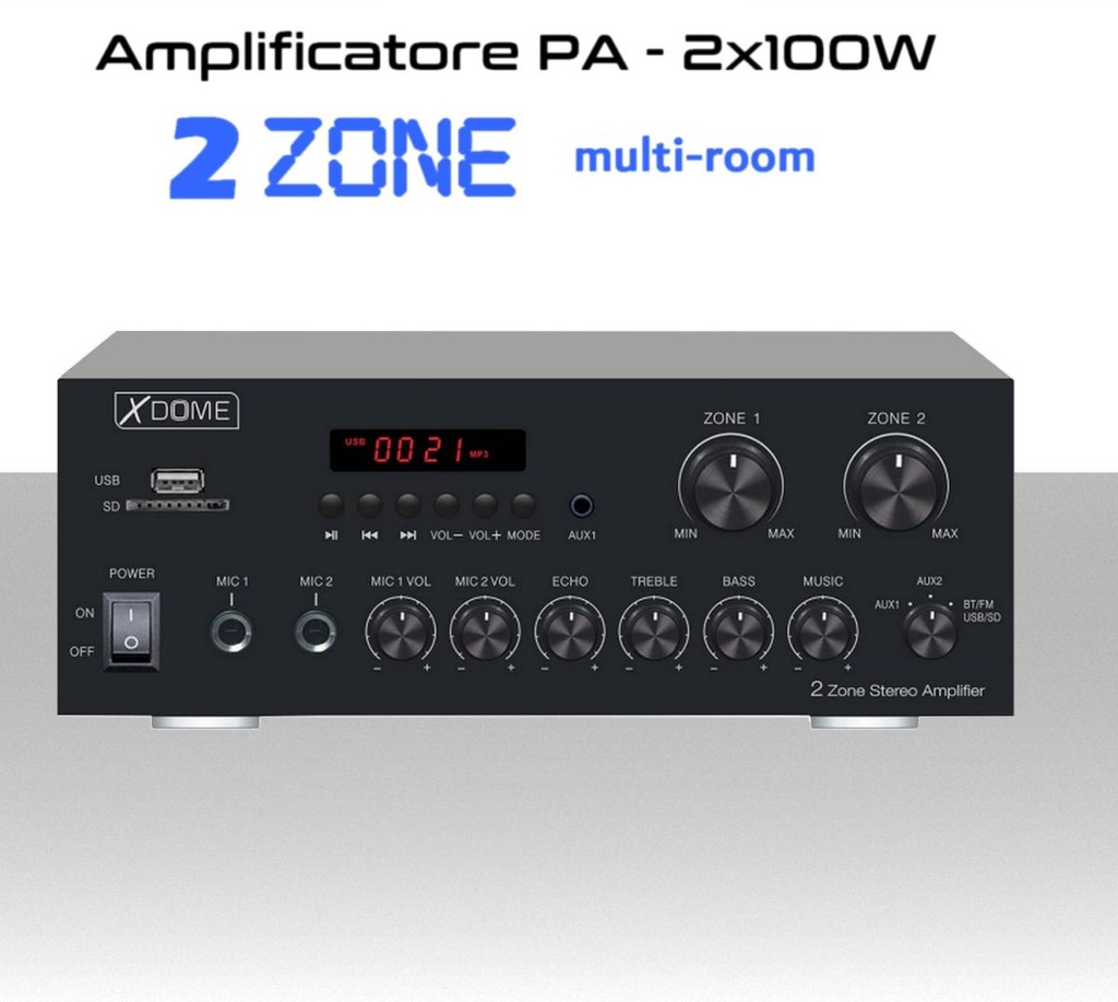 Amplificatore audio 200W bluetooth radio mp3 sistema audio 2 zone (4ohm,8ohm)