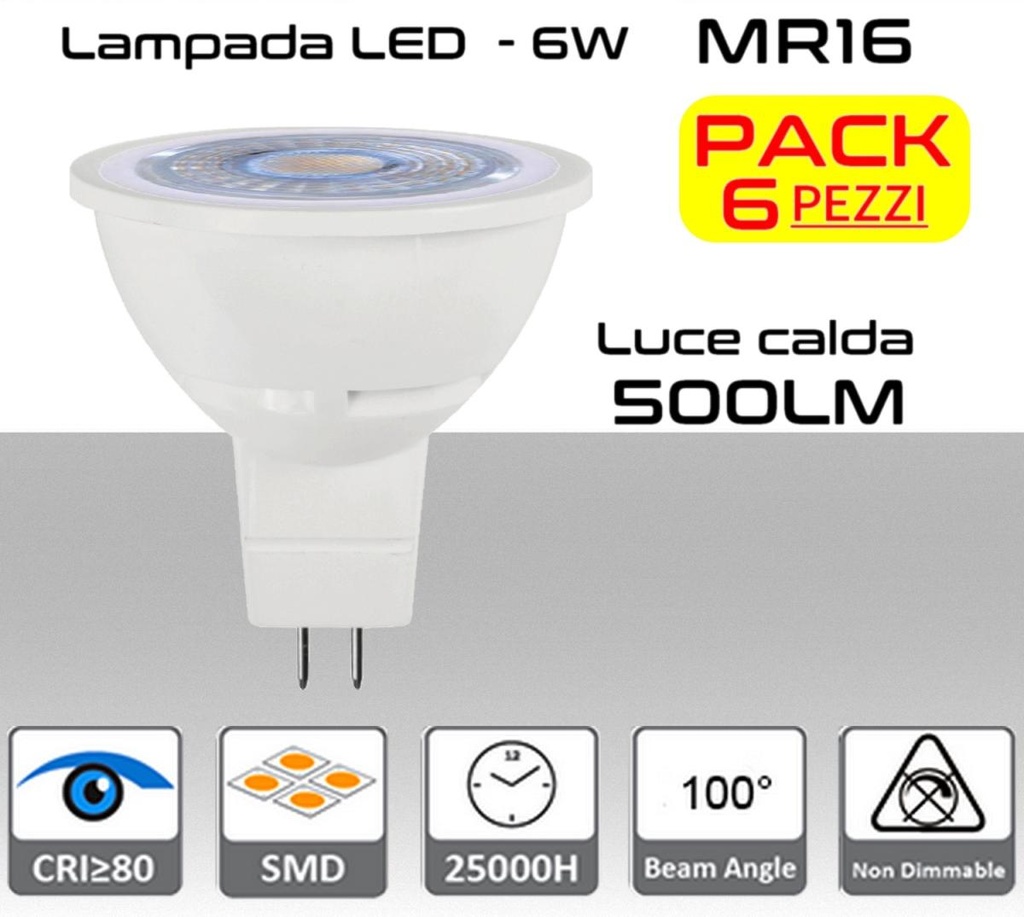 Lampadina LED MR16 GU5.3 luce bianca calda 500 lumen 6W Cover Traslucido PACK 6pz.