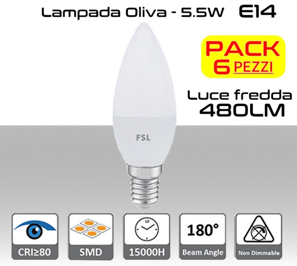 Lampadina LED oliva 5,5W luce fredda 6500k E14 480 lumen PACK 6pz.