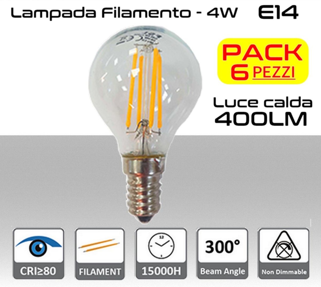 Lampadina LED a filamento 4W luce calda E14  470 lumen PACK 6 PZ