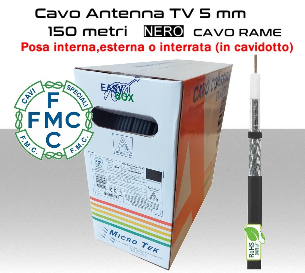 Cavo coassiale per antenna TV 5 mm in bobina 150 metri Rame e FR-PE nero Micro TEK