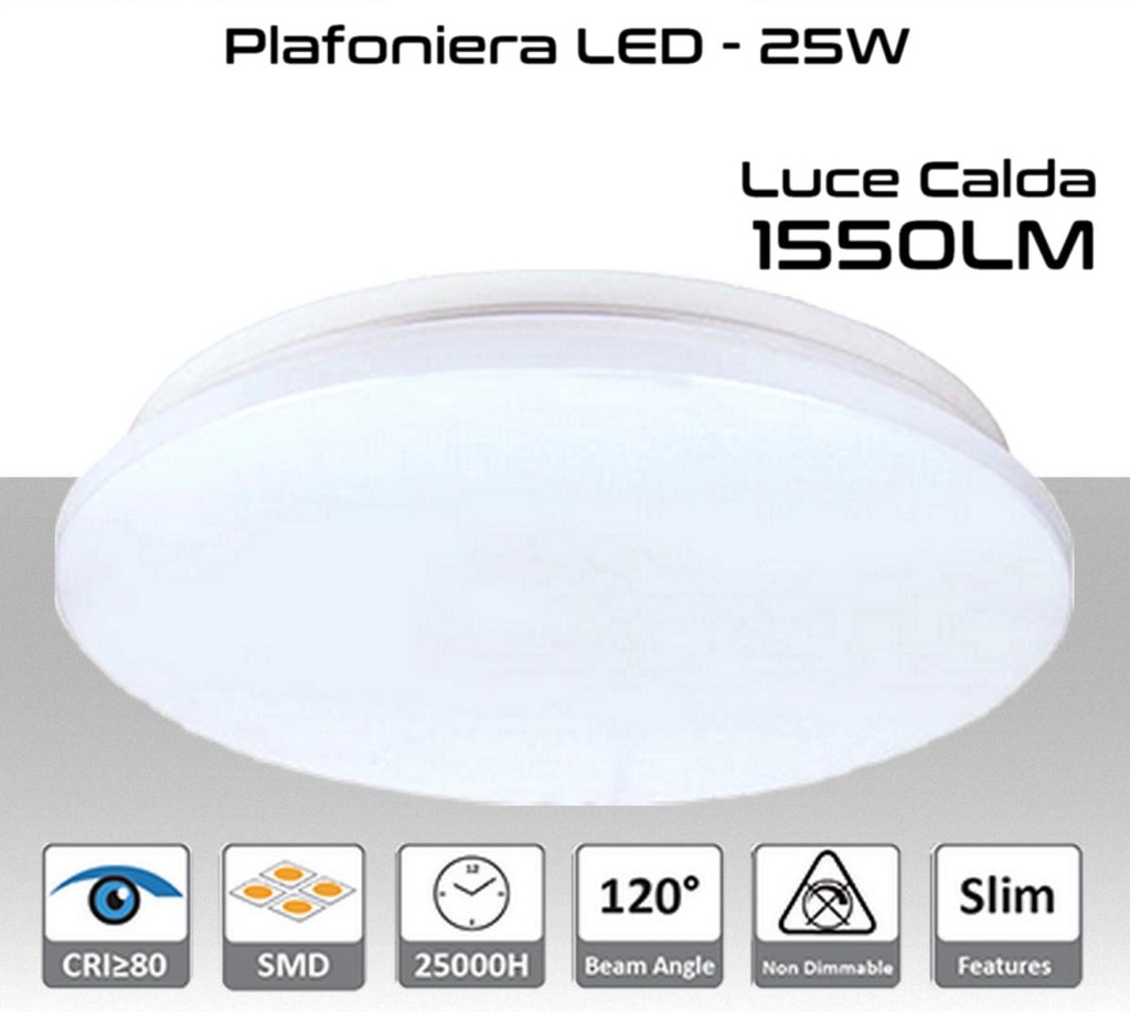 Plafoniera LED 25W luce calda 1550 lumen Ø380x55mm