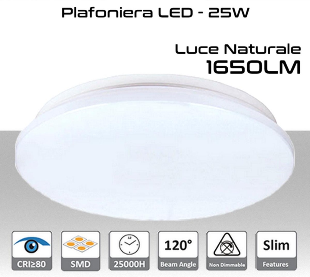 Plafoniera LED 25W luce naturale 1650 lumen Ø380x55mm