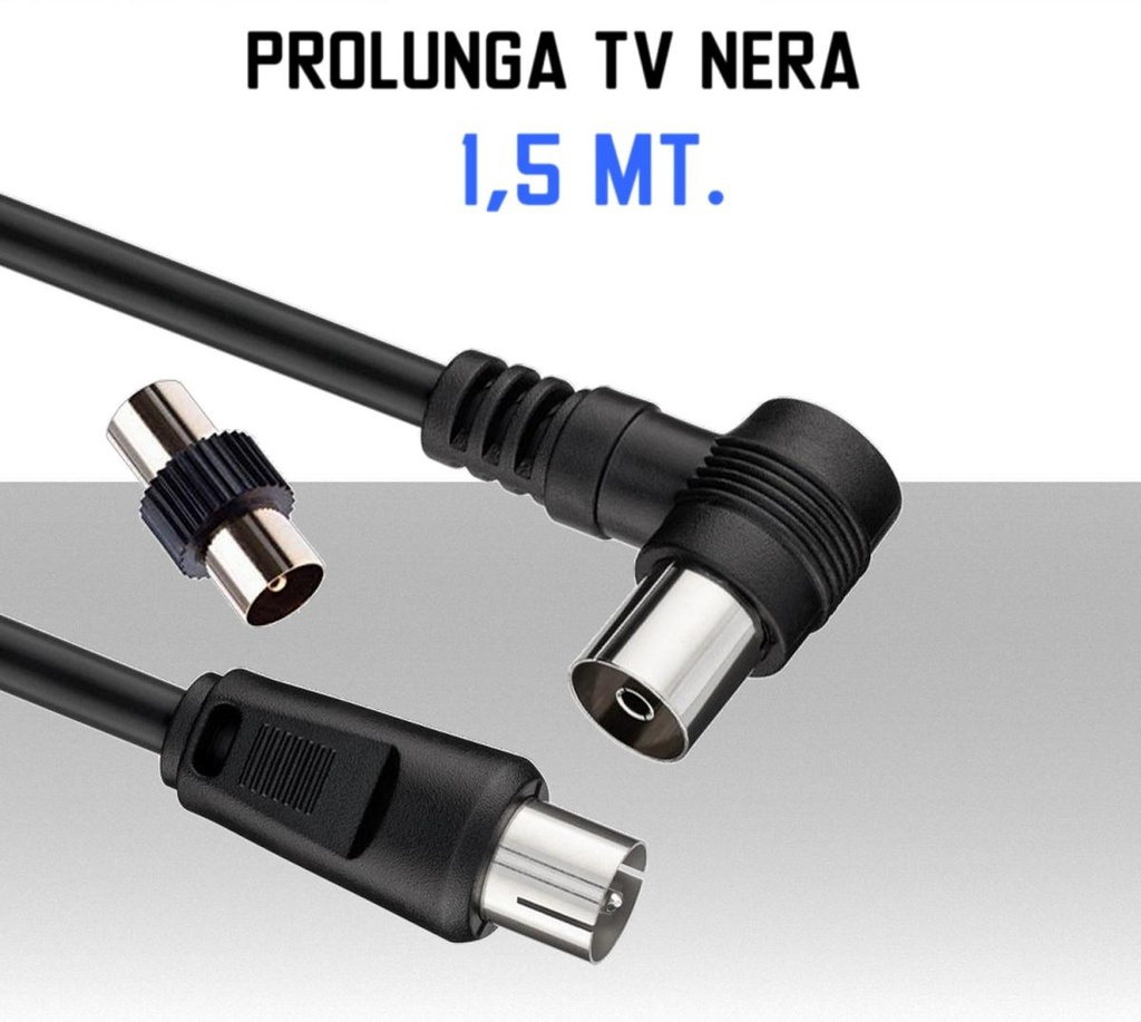 Cavo Antenna Tv prolunga da 1,5 metri spina maschio e femmina 90° nero