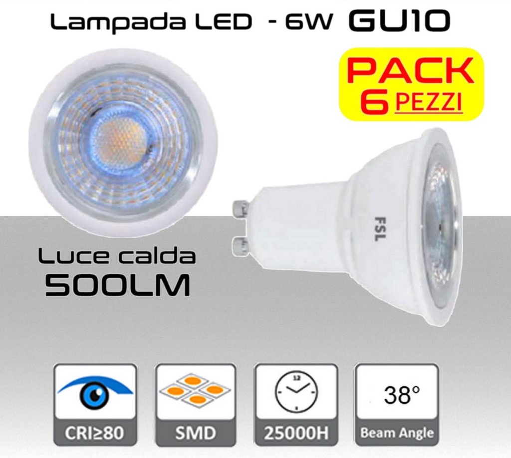 Faretto LED GU10 6W luce calda 500 lumen PACK 6 PZ - 500 lumen