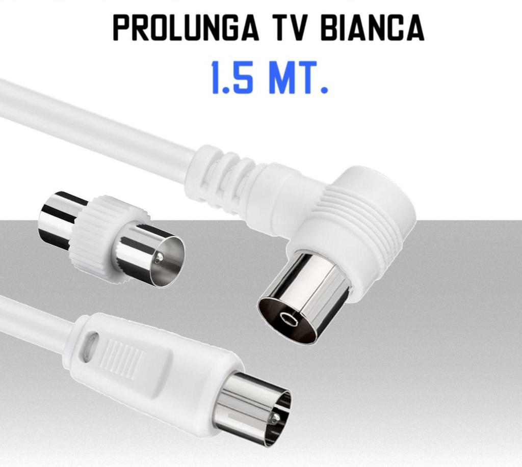 Cavo Antenna Tv prolunga da 1,5 metri spina maschio e femmina 90° bianca