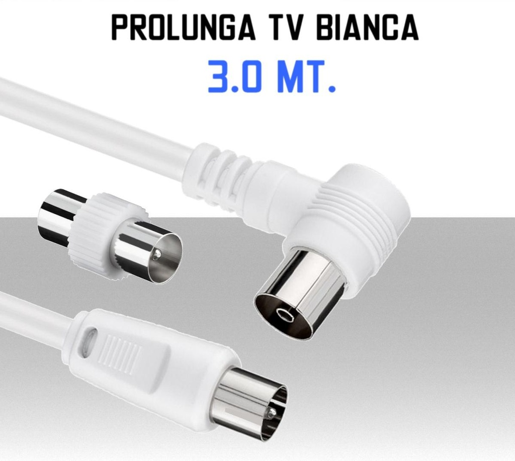 Cavo Antenna Tv prolunga da 3 metri spina maschio e femmina 90° bianca