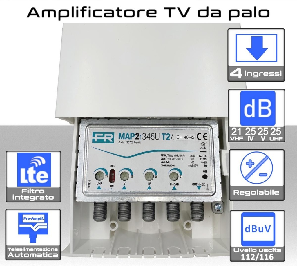 Amplificatore antenna TV 4 ingressi fracarro MAP T2 223750 taratura 40/42