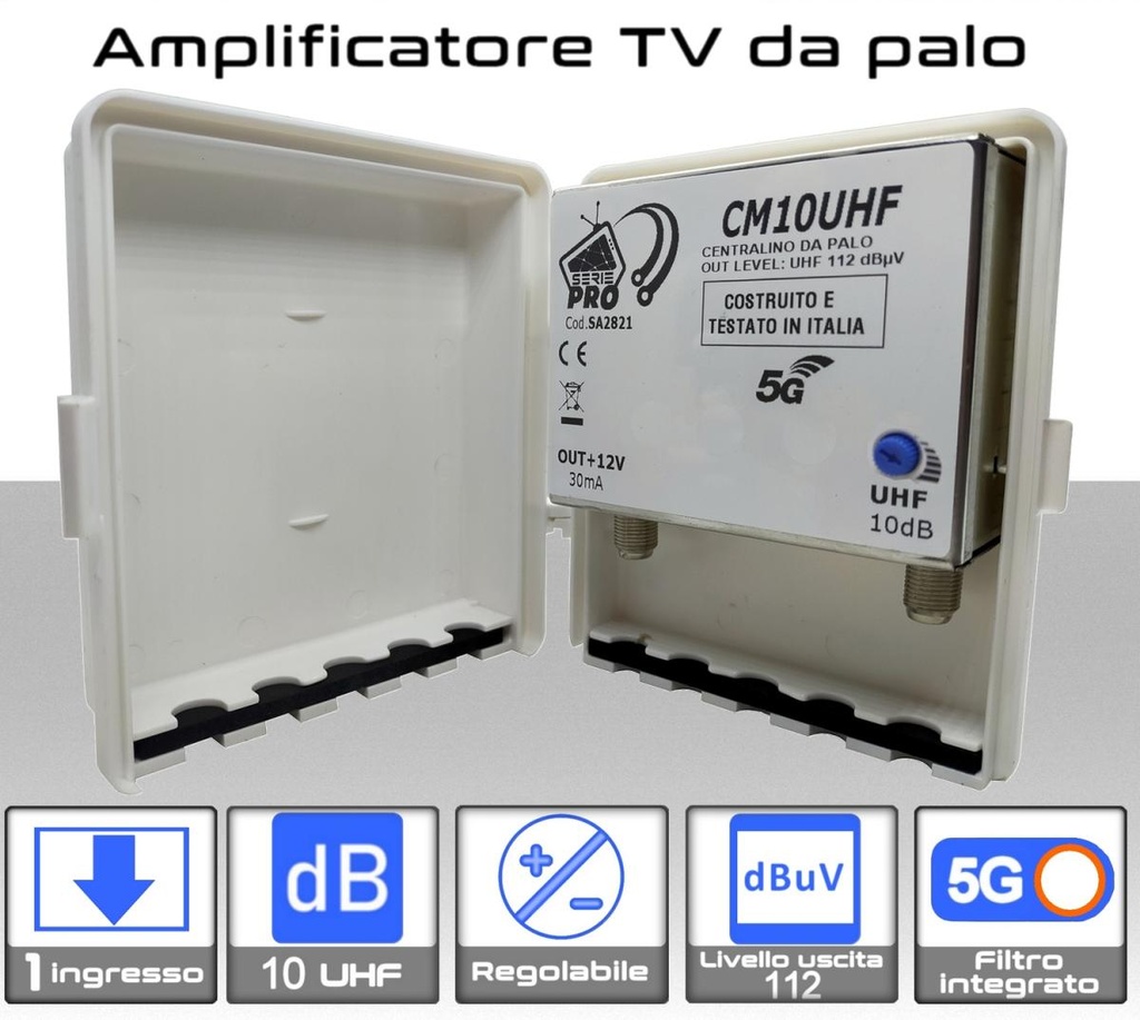 Amplificatore antenna TV 1 ingresso UHF 10dB regolabile Serie PRO