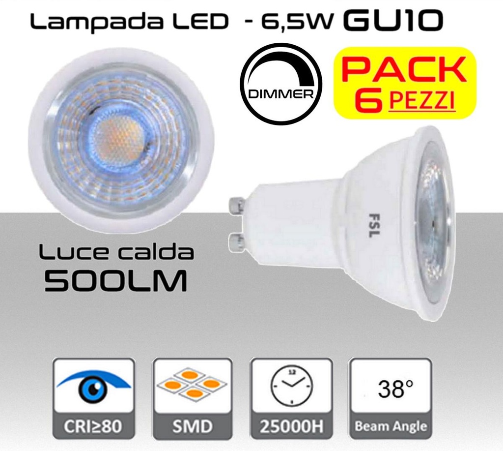 Faretto LED GU10 6,5W luce calda 500 lumen  dimmerabile PACK 6 PZ - 500 lumen