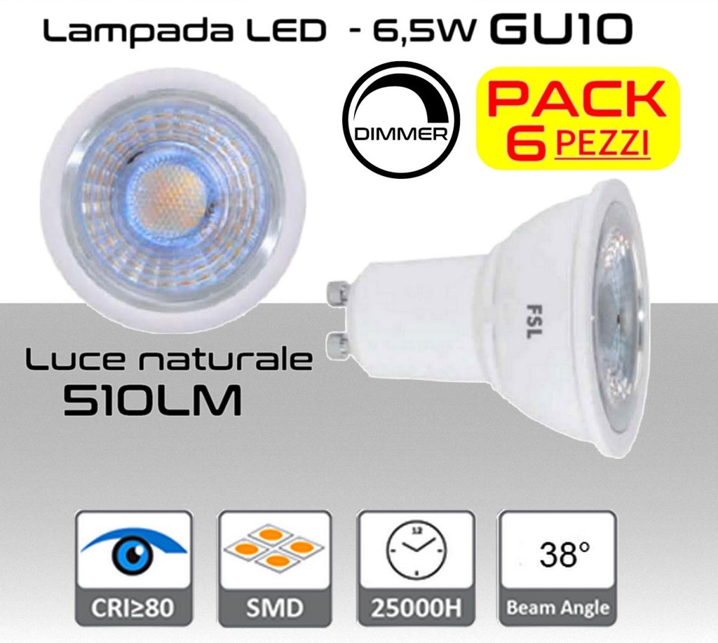 Faretto LED GU10 6,5W luce naturale 510 lumen dimmerabile PACK 6 PZ - 510 lumen