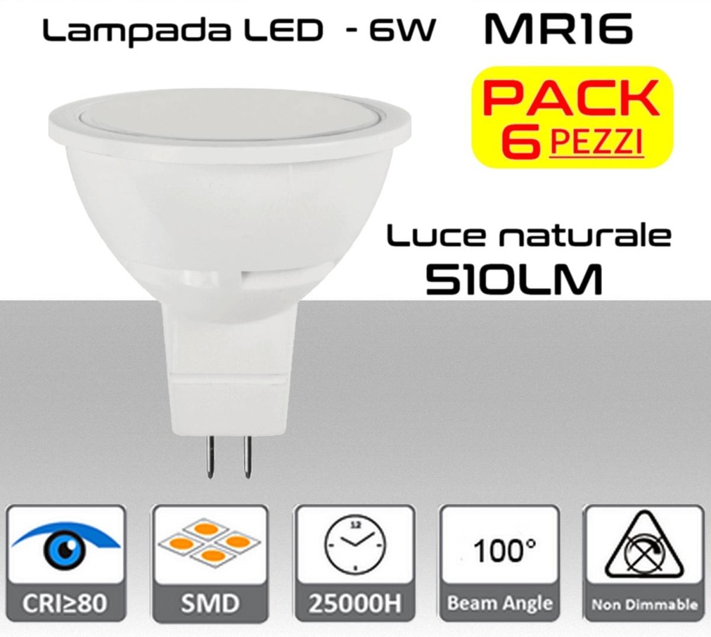 Lampadina LED MR16 GU5.3 luce bianca naturale 510 lumen 6W Cover opaca PACK 6pz.