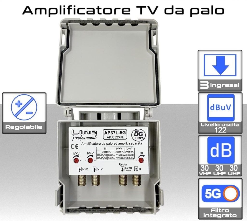 Amplificatore antenna TV 3 ingressi VHF-UHF-UHF 30dB regolabile AP37L-5G