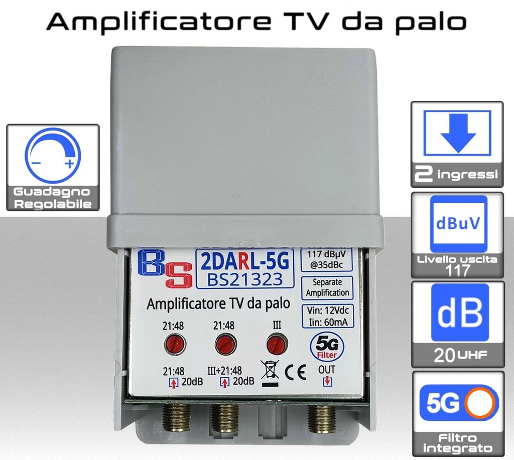 Amplificatore TV 2 ingressi III + 21:48 / 21:48 20dB 3 attenuatori multigiro con filtro antidisturbo 4G+5G BS21323