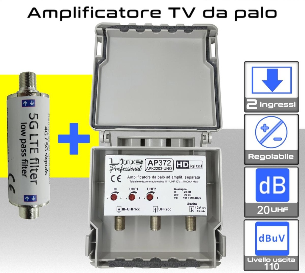 Amplificatore antenna TV 2 ingressi UHF 20dB regolabile AP372