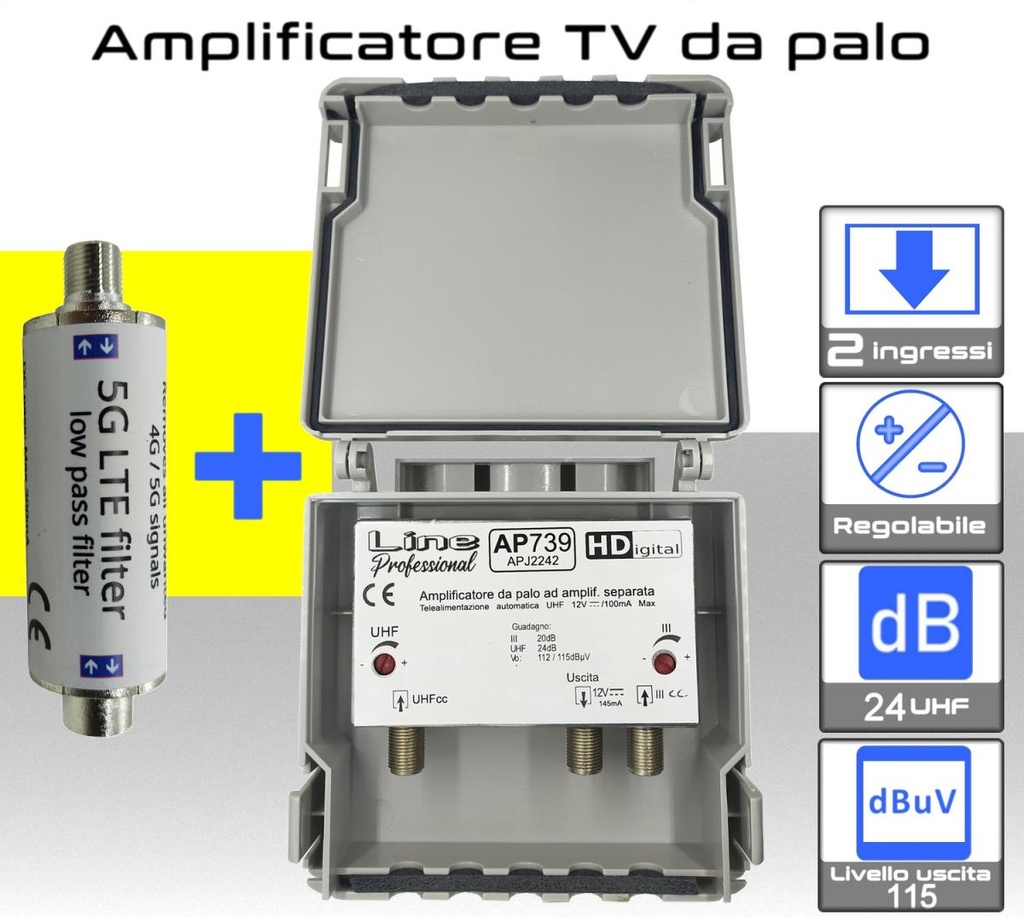 Amplificatore antenna TV 2 ingressi VHF-UHF 24dB regolabile AP739