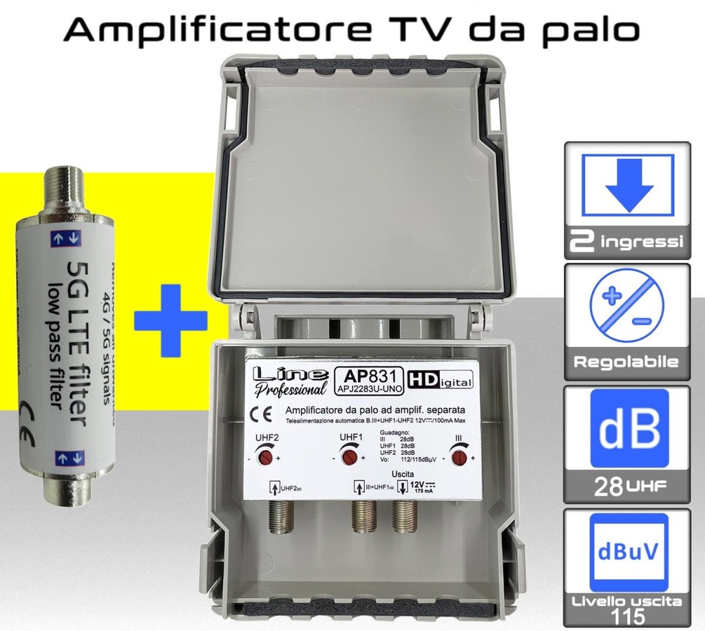 Amplificatore antenna TV 2 ingressi UHF 28dB regolabile AP831