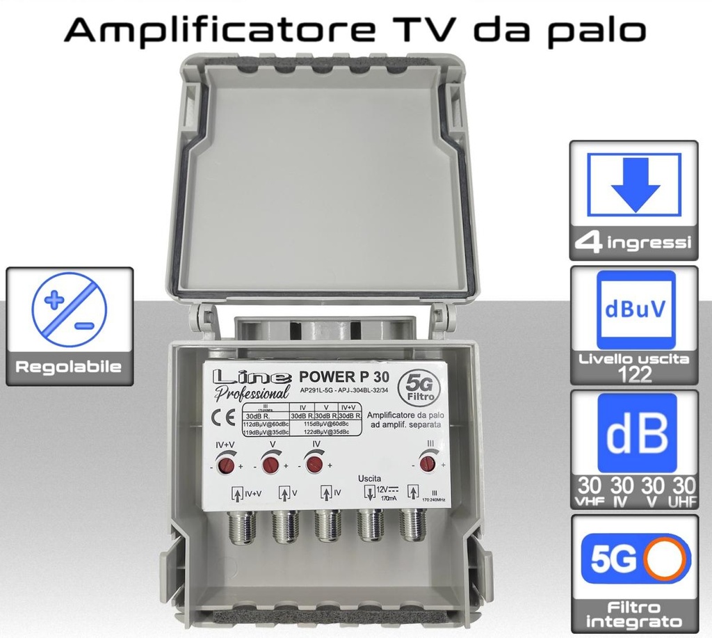 Amplificatore antenna TV 4 ingressi BIII-IV-V-UHF ( 32/34 ) 30dB regolabile AP291L-5G