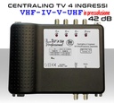 Centralino antenna TV da interno in pressofusione con 4 ingressi III / 21:32 / 34:48 / 21:48 42dB 4 regolazioni multigiri - Uscita TEST - Alto livello d'uscita 128dBuV@35dBc