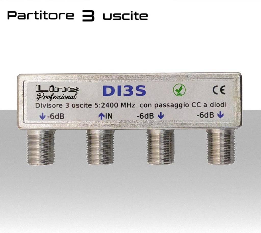 Partitore tv 3 uscite con connettori F su stesso lato per banda TV e Satellite