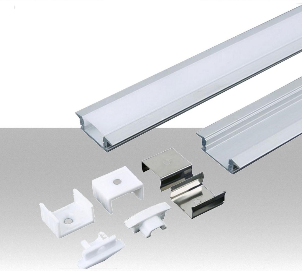 Profilo in Alluminio Colore Silver per Strip LED a Incasso (Max l: 12,4mm) Copertura Satinata 2000 x 24,7 x 7mm