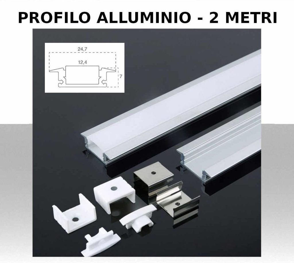 Profilo alluminio Lineare verniciato bianco per Strip LED fino a 12.4mm con Copertura Opaca 2000x24.7x7mm