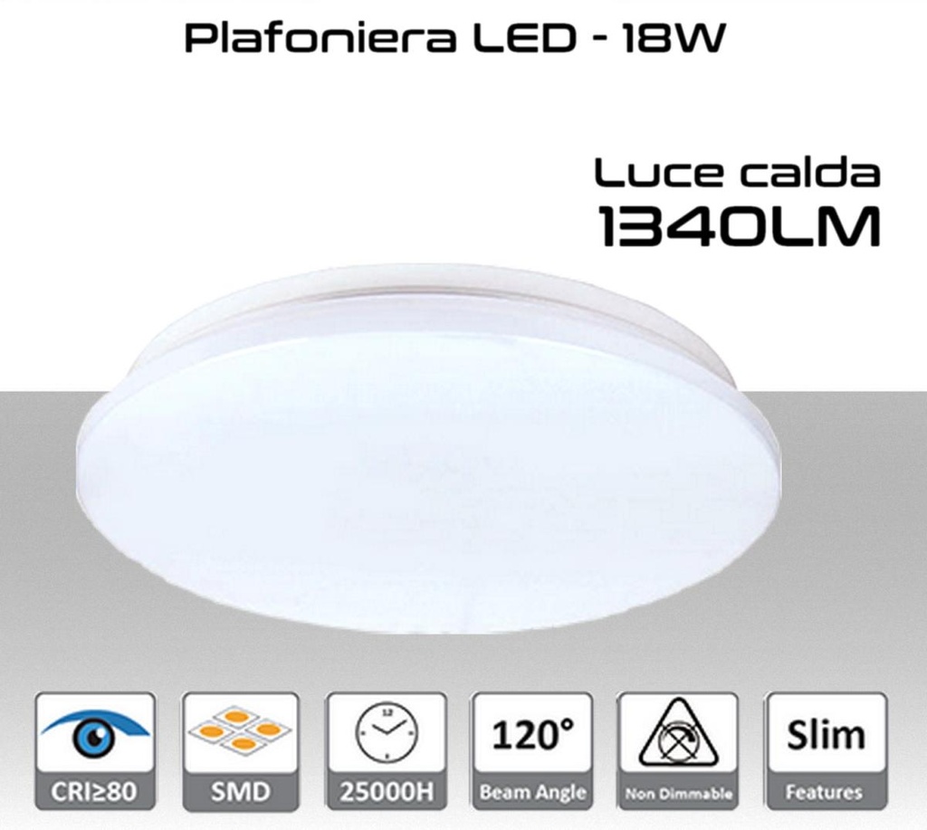 Plafoniera LED 18W luce calda 1340 lumen Ø330x55mm