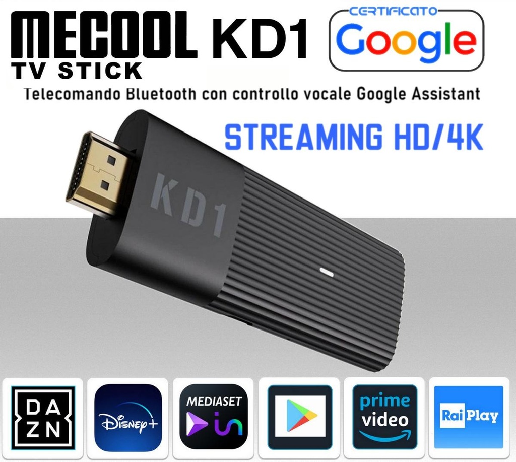 Android TV box 4K dongle Stick KD1 HDMI - WiFi - Bluetooth -  PRONTO ALL'USO - Internet Streaming 4K - IPTV - Certificato Google