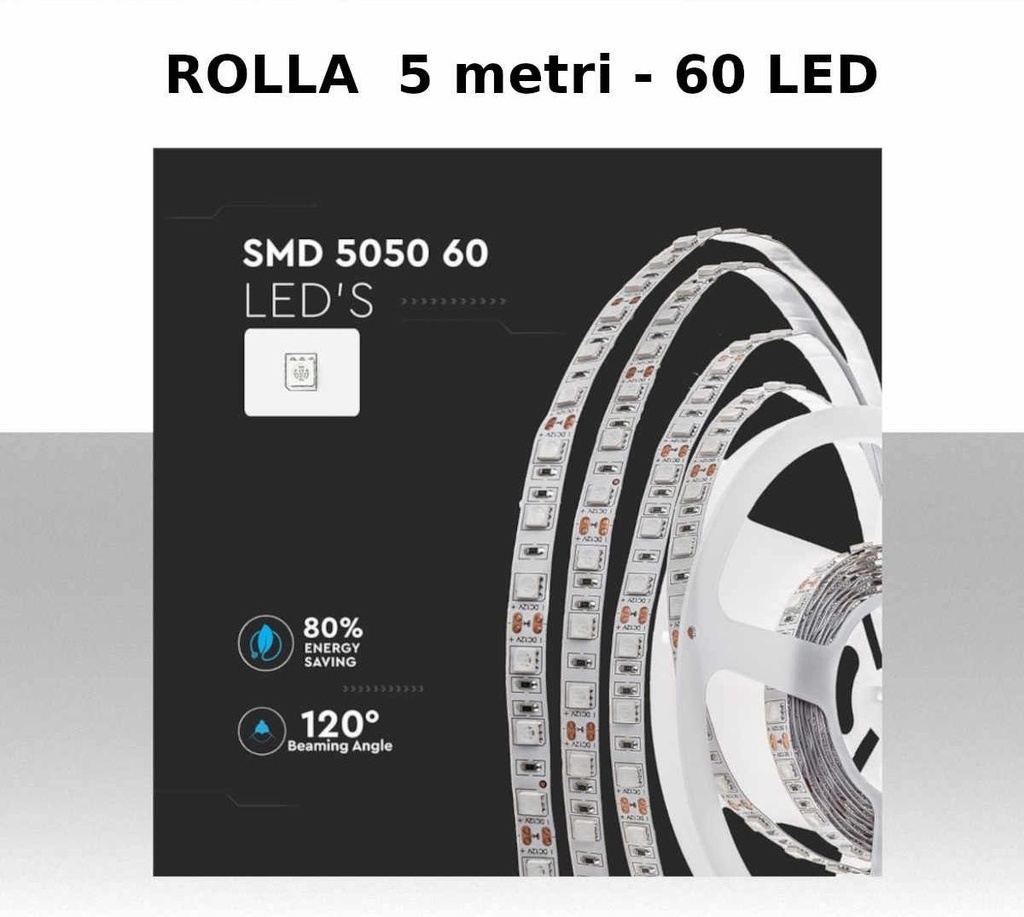 LED Strip SMD5050 - 60 LEDs 3000K IP20 - Rolla da 5 metri - Lumen:900/m