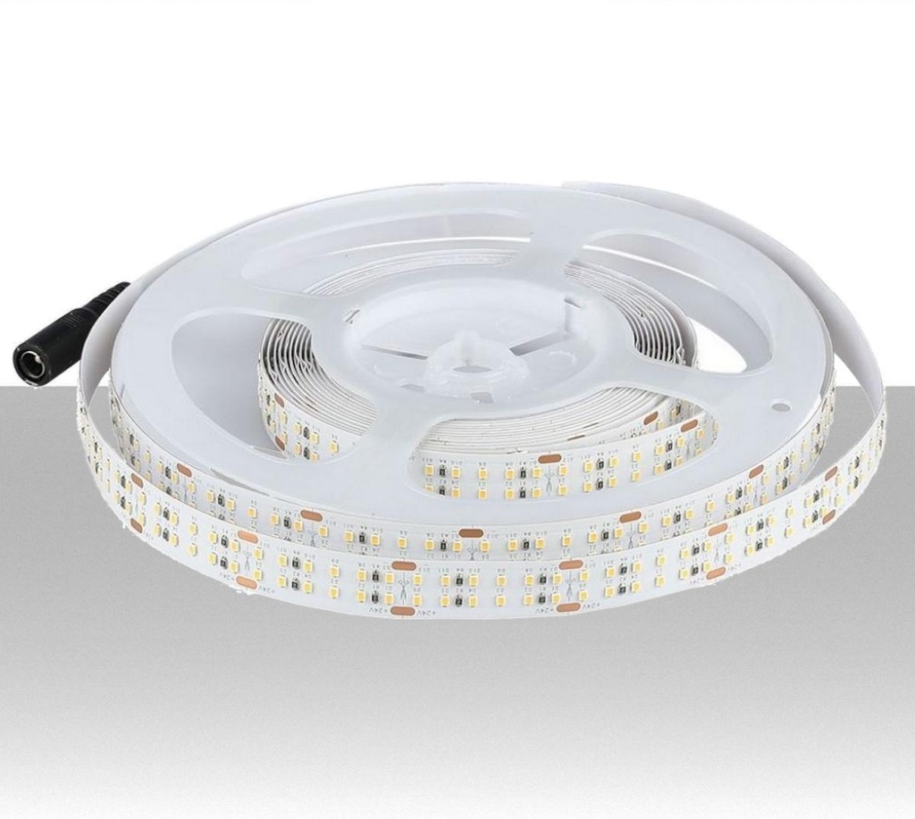 Strip LED 24V 3000K 30W/m SMD2216 360 LED/m con Connettore Plug standard 5.5x2.1mm da CRI>95 IP20 14mm - Rolla da 5 metri - 2400 lumen/metro