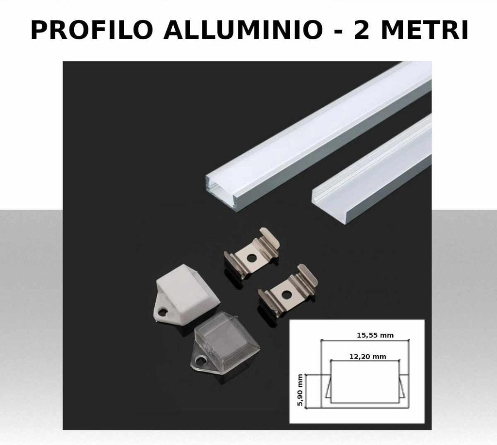 Profilo in Alluminio per Strip LED (Max l: 12,2mm) Copertura Satinata 2000 x 15.55 x 5.9mm