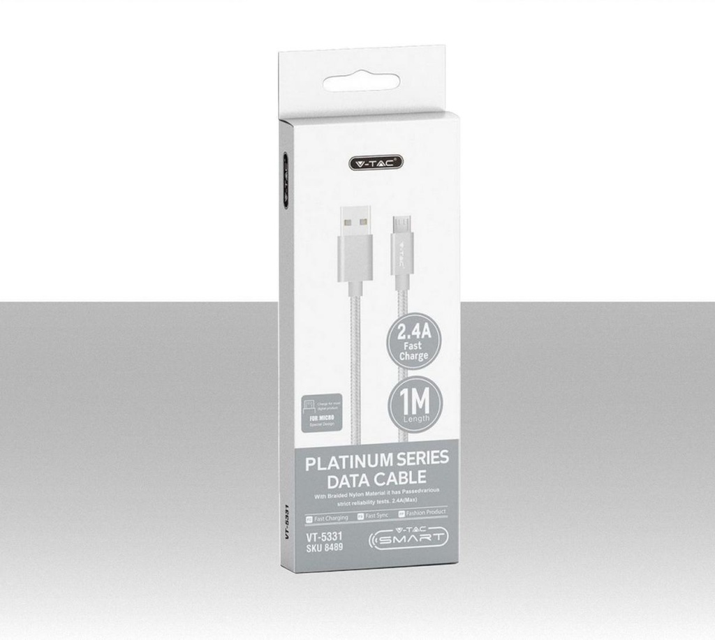 Cavo da Micro-USB a USB-A 1m Ricarica Rapida 2.4A Platinum Series Cavo Antigroviglio in Corda Colore Argento