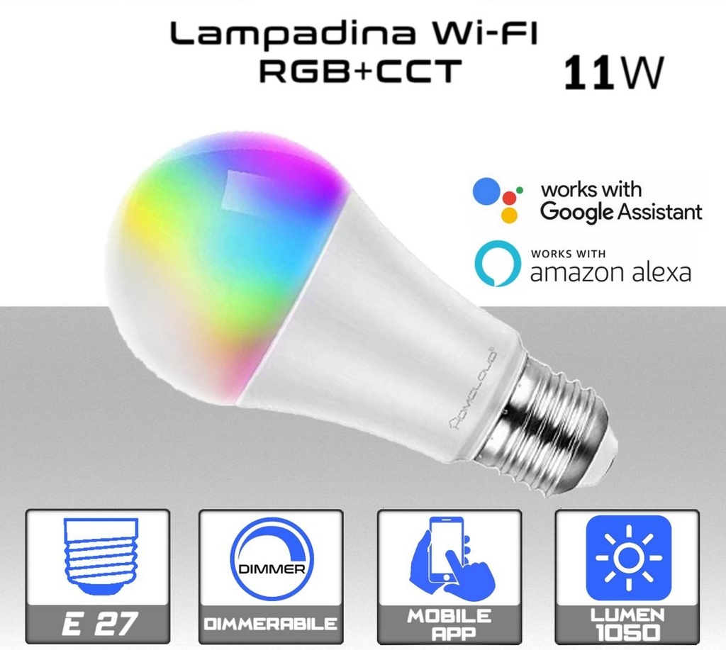 Lampadina LED Wi-Fi 11w 1050 lumen  E27  RGB e CCT dimmerabile