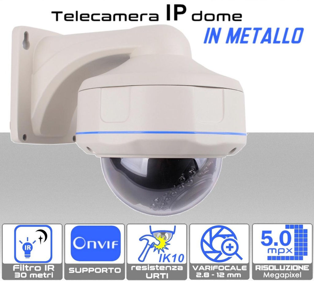 Telecamera IP Dome Antivandalo 5MP OnVif da esterno con ottica varifocale 2.8...12mm e staffa da parete in metallo