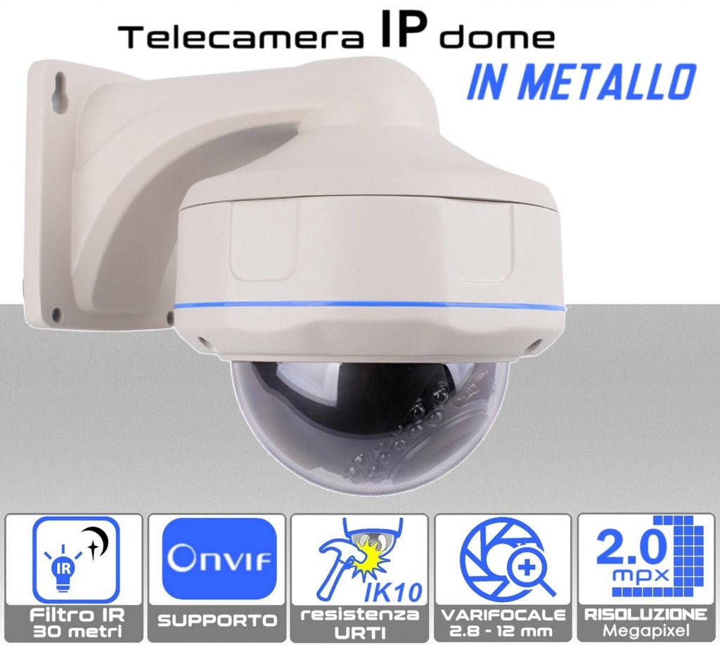 Telecamera IP dome 2MP da esterno con ottica varifocale 2.8 - 12 mm e staffa da parete