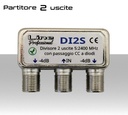 Divisore Partitore TV a 2 uscite con connettori F su stesso lato per banda TV e Satellite - Attenuazione 4dB - CC passante direzionale con diodi