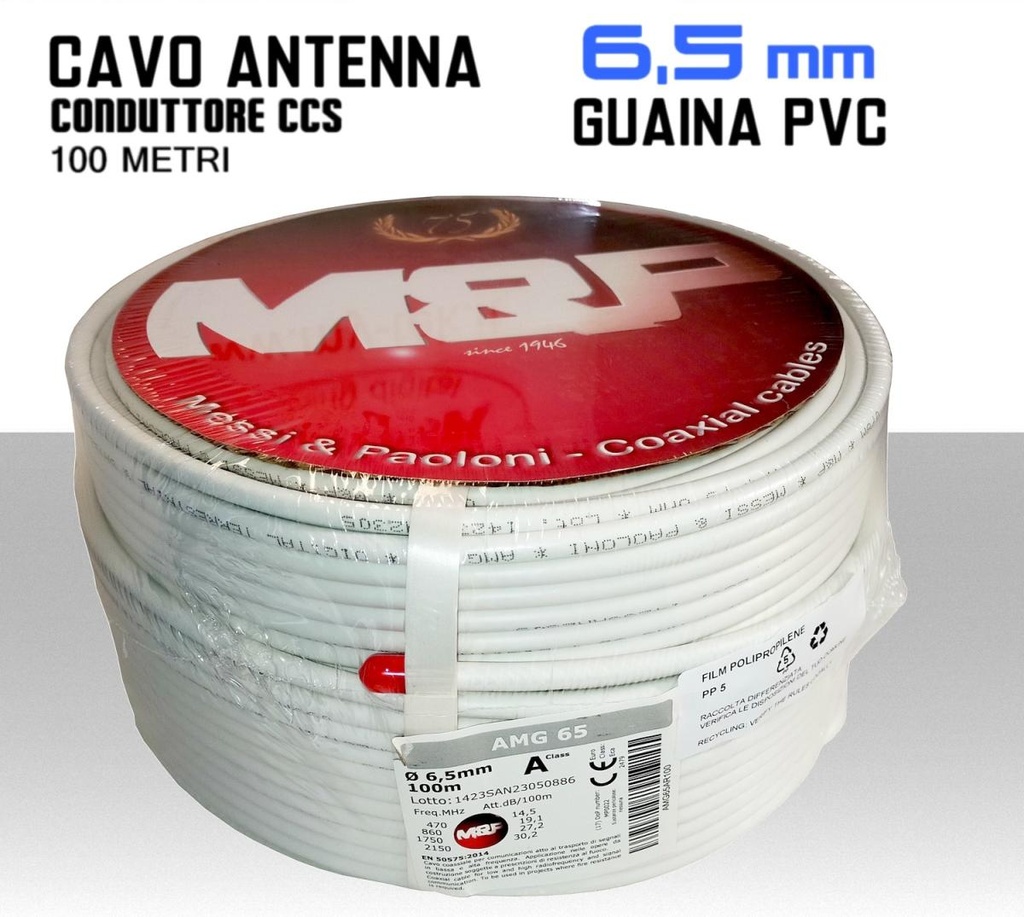 Cavo coassiale per antenna TV 6,5 mm in bobina 100 metri CCS e PVC bianco Messi e Paoloni AMG65