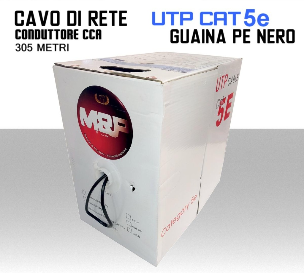 Cavo Ethernet LAN CAT.5e UTP conduttore CCA guaina PE nera box 305 metri