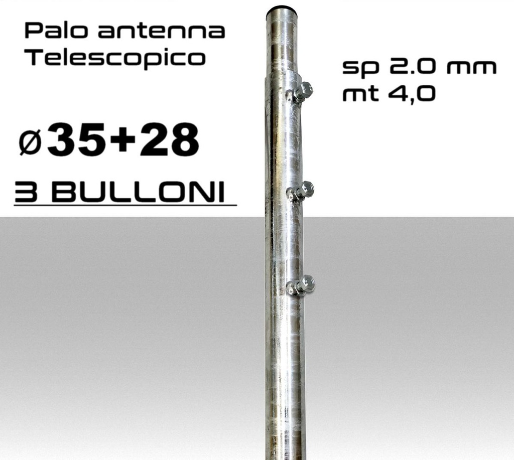 Palo antenna telescopico 4 metri tubi infilati Ø 35-28 mm spessore 2.0 mm zincato a caldo
