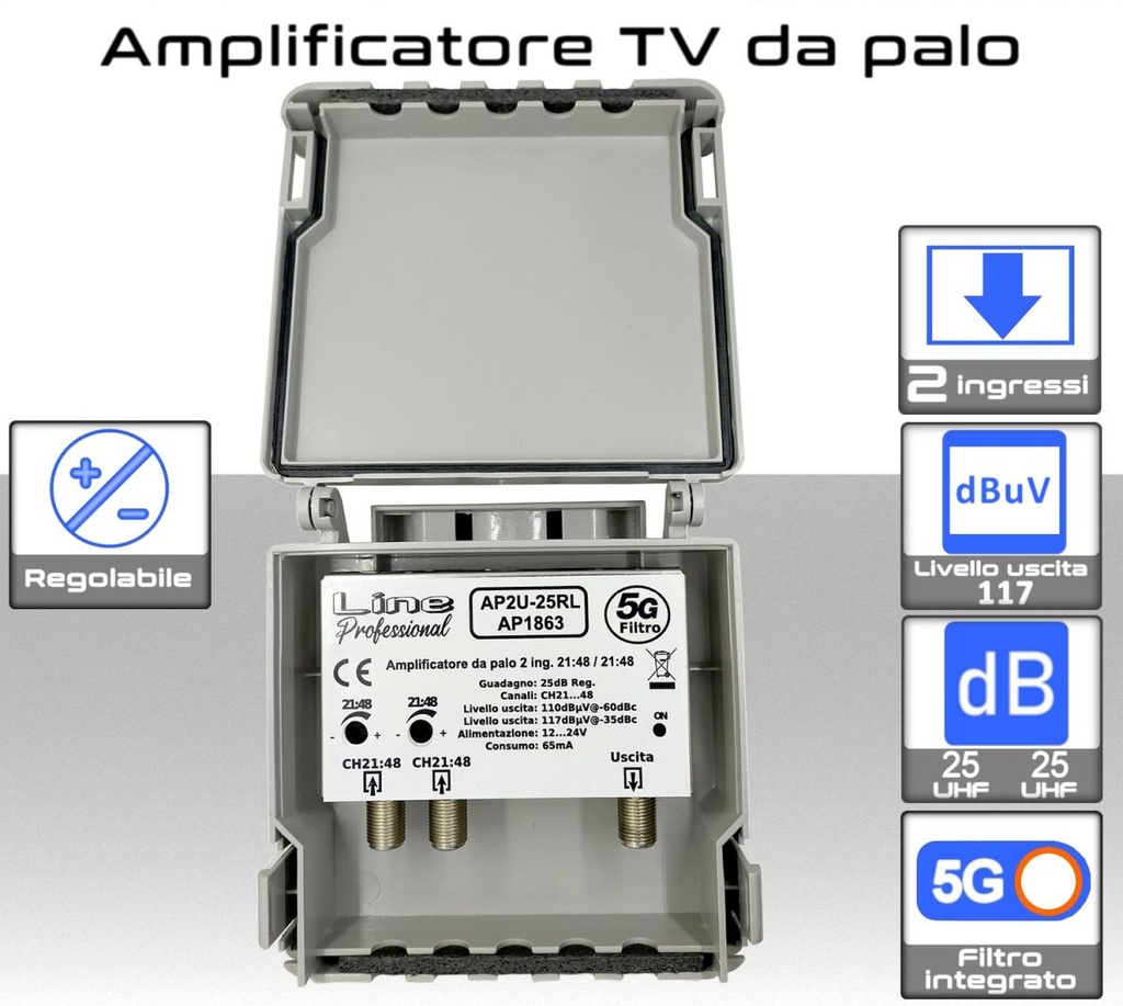 Amplificatore antenna TV 2 ingressi 21:48 / 21:48 25dB regolabile AP2U-25RL