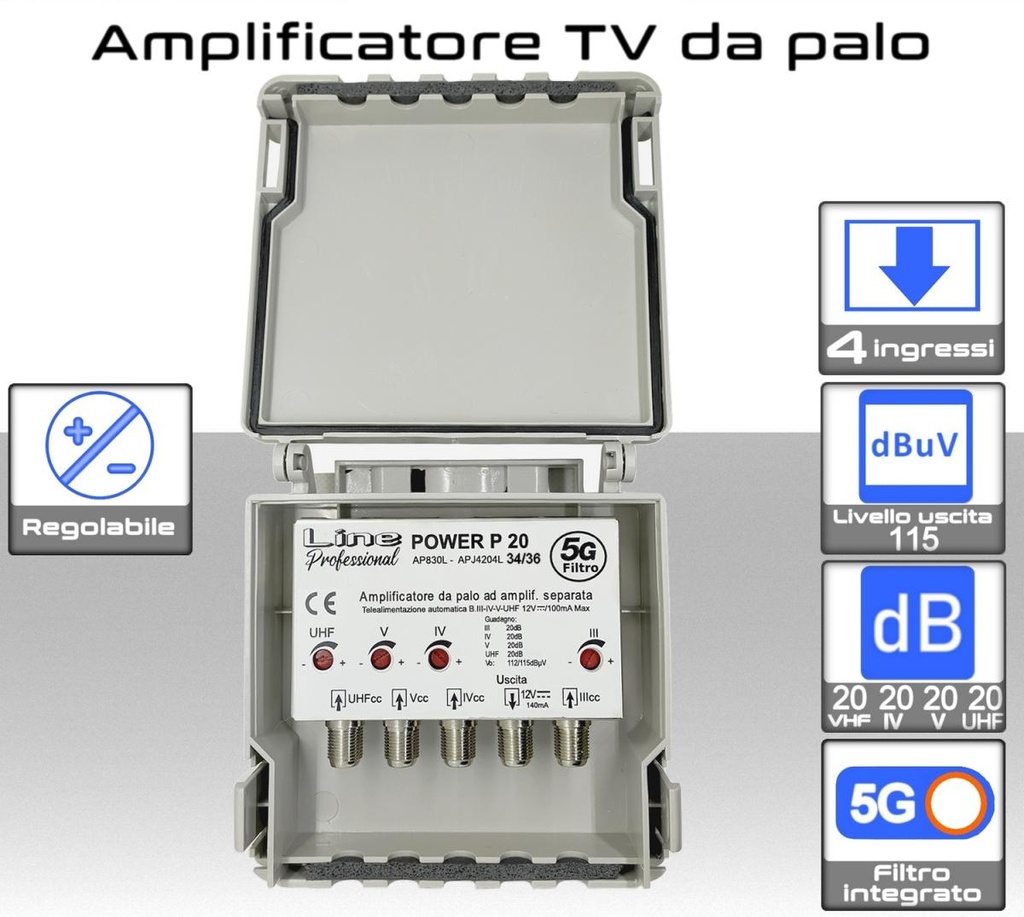 Amplificatore antenna TV 4 ingressi BIII-IV-V-UHF (34/36) 20dB regolabile AP830L-5G