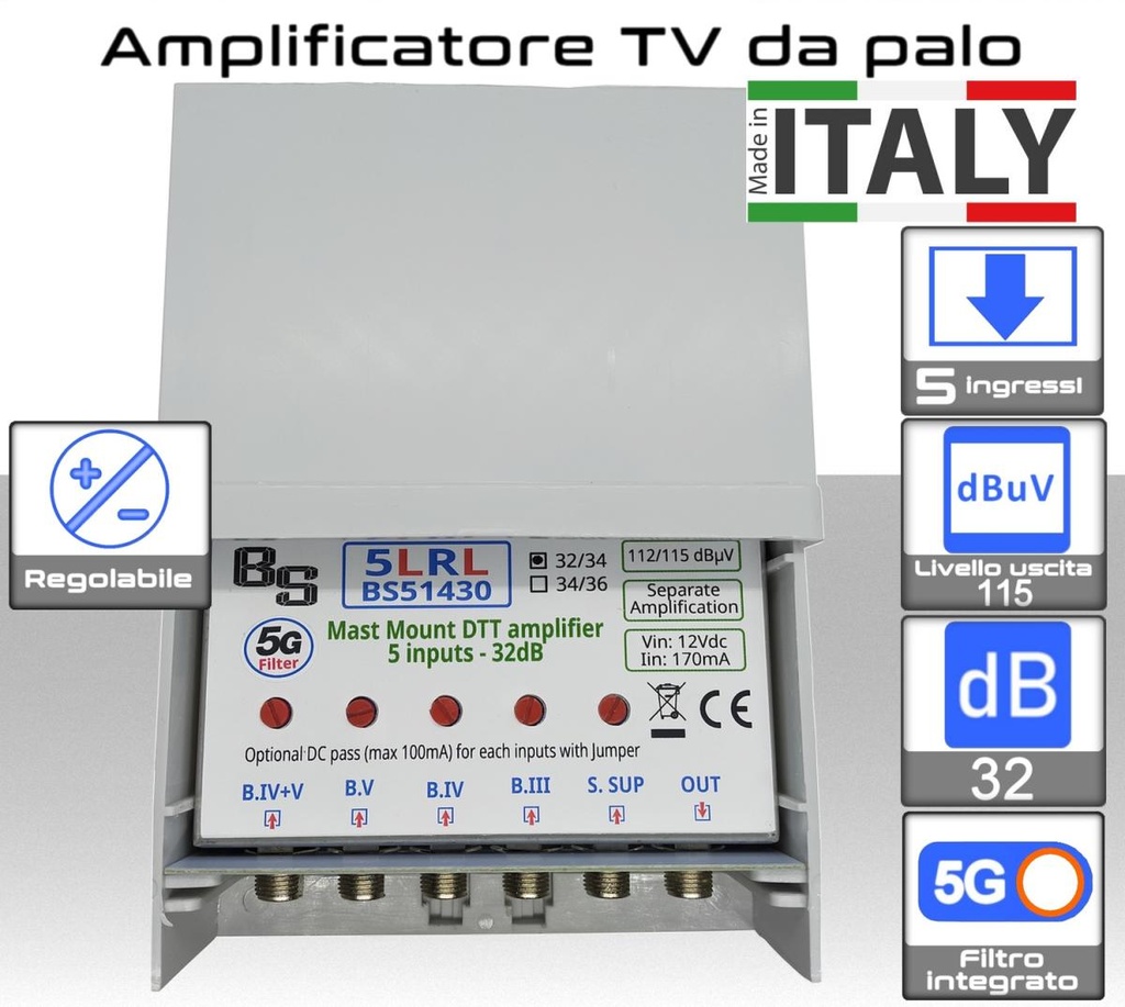 Amplificatore antenna TV 5 ingressi BIII-IV-V-UHF-S (32/34) 32dB regolabile BS51430