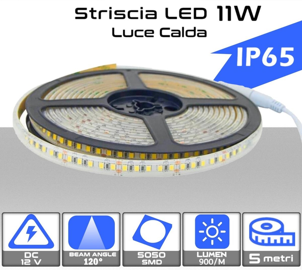 Strip LED SMD5050 11W/m 60 LED/m 12V 3000K IP65 10mm - Rolla da 5 metri - 900 lumen/metro